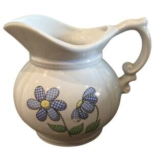 Vtg McCoy Daisy Pitcher 2528 MCM White Gingham Blue Flower Country Kitchen 60s